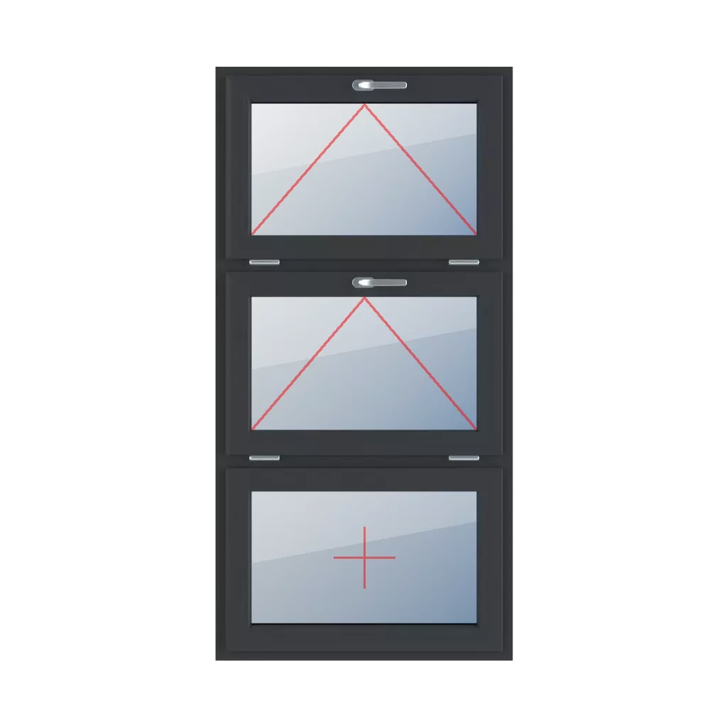 Tilt with a handle at the top, tilt with a handle at the top, fixed glazing in the wing windows window-types triple-leaf vertical-symmetrical-division-33-33-33  