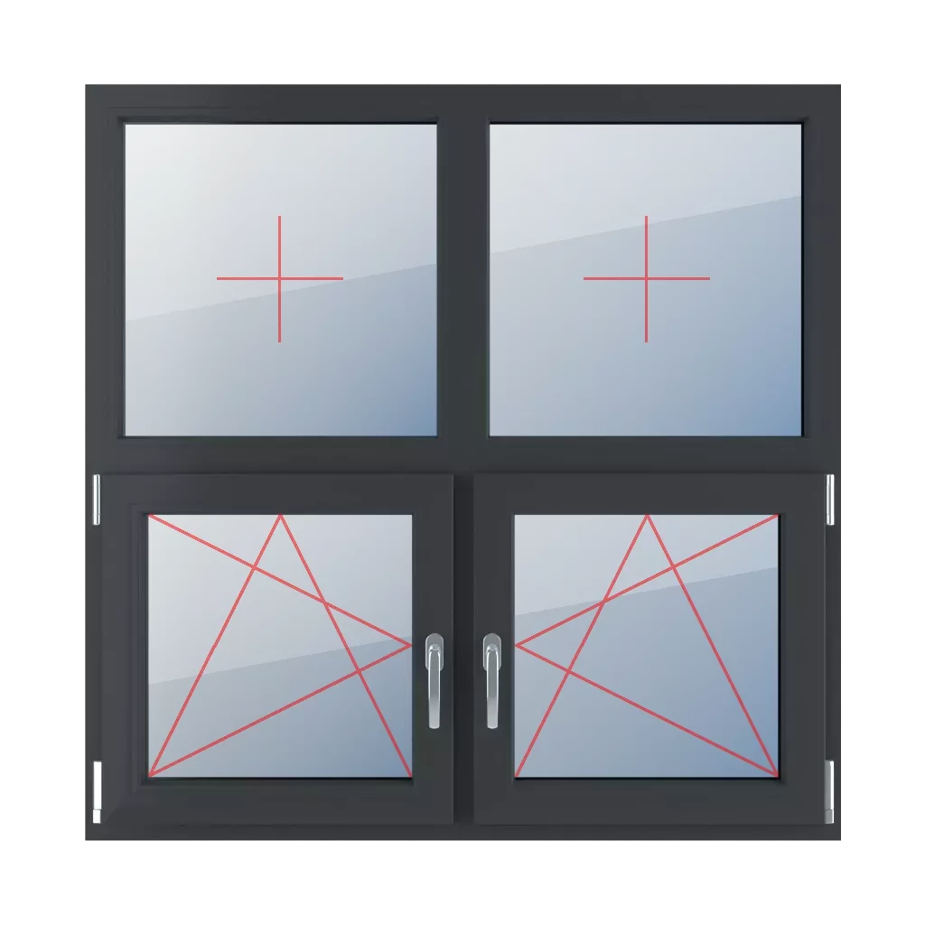 Fixed glazing in a frame, left-hand turn-tilt glazing, right-hand turn-tilt glazing windows window-types four-leaf symmetrical-division-horizontal-50-50  
