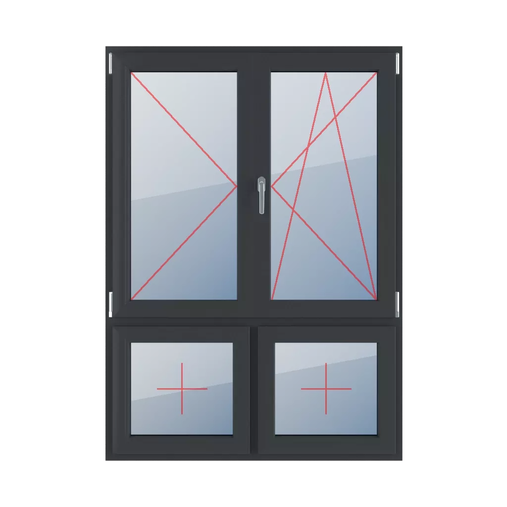 Left-side turn, movable mullion, right-hand turn-tilt, fixed glazing in the sash windows window-types four-leaf 70-30-asymmetrical-vertical-division-with-a-movable-post  